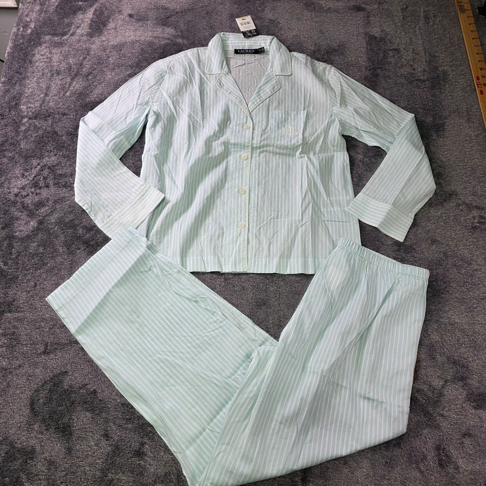 Ralph Lauren Blue Striped Shirt & Pants Sleep Set Womens Petite M Pajama Set